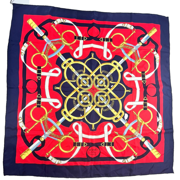 Hermès Eperon d'Or By Henri d'Origny Silk Scarf Blue Red Vintage - Picture 1 of 16